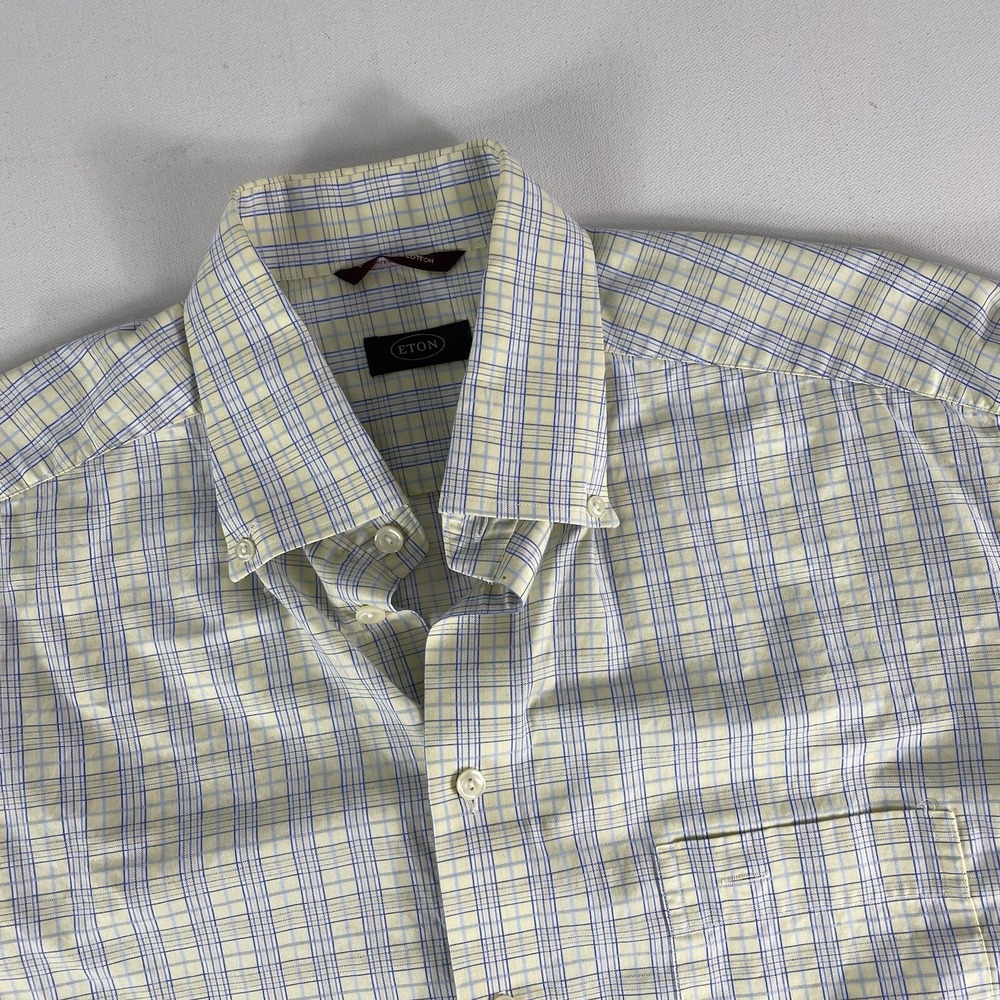 Eton Button Down Shirt Mens Large 42 16.5"  Yellow Blue Plaid Long Sleeve Cotton